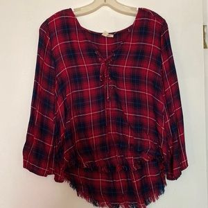 Natural Life flannel, lace up, 3/4 sleeve, unfinished hem, size large